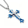 Detail of triple-layer titanium steel cross pendant with blue accents and cubic zirconia - Blue With Rhinestones