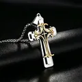 Macro detail of triple-layered cross pendant with golden patterns on box chain - Golden Enamel