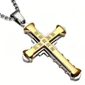 Close-up of dual-layer stainless steel cross pendant with gold finish and zircon inlay - Gold Knight