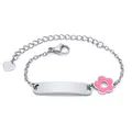 RVS kinderarmband met roze emaille bloem en graveerbare identiteitsplaat - Zilver