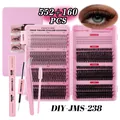 DIY eyelash extension kit with 712 clusters, pink tweezers, glue, and lash brush set - Pink Tool Set (DIY-JMS-238)