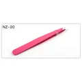 Pink slanted eyebrow tweezers with matte finish and protective cap on white background - Red