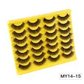 14 pairs of thick curly black faux mink eyelashes on a yellow tray for daily makeup - Natural Dense Style (MY14-15)