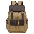 Mochila retro de lona caqui con adornos de cuero marrón y cierre de cordón - Caqui