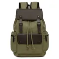 Mochila de lona verde militar con detalles de cuero marrón y cierre de cordón - Verde