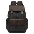 Vintage canvas and leather backpack in black and brown with drawstring flap closure - Black