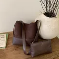 Σετ σκούρα καφέ τσάντα bucket patchwork με ασορτί τσαντάκι από σουέτ και δέρμα retro - Τσάντα Tote Και Πορτοφόλι / Καφέ
