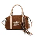 Brown vintage Boston bag with contrast white handles and unique biscuit embroidery decoration - Brown