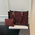 Burgundy leopard print tote bag with faux fur trim and gold chain shoulder strap - 2Pcs Set With Pouch / Red Leopard