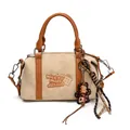 Beige suede and brown leather Boston bag with cute biscuit embroidery and bear charm - White