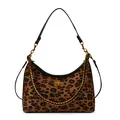 Sac hobo vintage imprimé léopard avec chaîne dorée et fermeture à fermoir métal - Léopard Brun