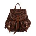 Leopard print faux fur backpack with brown faux leather trim and retro gold buckles - Coffee
