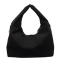 Minimalist black corduroy hobo tote bag with vertical texture and zipper closure - Black