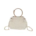 Elegant white faux pearl handbag with gold ring handle and metal chain strap for women - Pearl White (Gold Hardware)