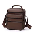 Dark brown pebble leather shoulder bag with multiple zippered pockets and top handle - Khaki