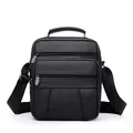 Classic black leather men's messenger bag with litchi texture and multiple zipper compartments - Black