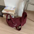 Large burgundy suede hobo bag with adjustable silver buckle for commute - Red