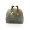 Detailed view of handbag-shaped gray natural stone pendant with gold metal handle - Labradorite (1034-T220802002)