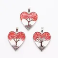 Tres colgantes corazón Árbol de la Vida con piedras naturales rosas y detalles plata - 30 x 35mm / Cuarzo Sandía