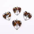 Tiger Eye stone heart-shaped Tree of Life pendant with intricate silver wire wrapping - Tiger's Eye