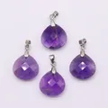 Detailed view of four faceted purple amethyst teardrop pendants with silver bails - Purple Crystal