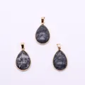 Three teardrop natural black stone pendants with golden metal edges for DIY necklaces - Larvikite