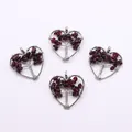 Silver-plated wire heart-shaped tree of life pendant with red garnet gemstone chips - Garnet