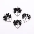 Silver life tree heart pendants featuring black raw crystal stones for DIY necklaces - Black Agate