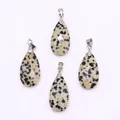 Polished Dalmatian Jasper teardrop pendants with silver clasps for DIY necklaces - 13x25mm / Dalmatian Jasper