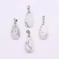 Faceted white natural stone teardrop pendants with silver bails for DIY jewelry - 13x25mm / Howlite