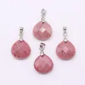 Pink natural stone teardrop pendants with faceted surface and silver metal bail - Rhodonite