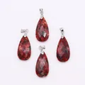 Faceted teardrop natural stone pendant with red and black mottled pattern and silver clasp - 13x25mm / US 13