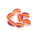 Macro detail of colorful cowrie shell beads with rainbow oil-drop finish for DIY jewelry - Rose Pink Yellow Purple Gradient