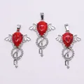 Gothic style silver alloy wing and key pendants with teardrop red natural stone inlay - Red Network Jasper