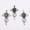Three retro silver key pendants with angel wings and natural grey labradorite stones - Flash Stone (Labradorite)