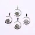 Celestial crescent moon and sun pendant set with grey stone inlay in silver finish - Flash Stone (Labradorite)