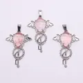 Three silver angel wing key pendants with pink rose quartz teardrop stones for necklaces - Watermelon Quartz