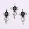 Three gothic black teardrop stone pendants with silver angel wings and key charms - Black Line Howlite