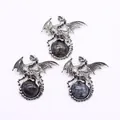 Silver Viking dragon pendant featuring a round dark labradorite natural stone - Black Spectrolite
