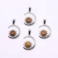 Set of four silver crescent moon pendants with sun design and brown natural stone - Jasper