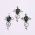 Three-piece gothic angel wing pendants with teardrop green natural stone and silver plating - Moss Agate