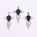 Gothic silver bat wing key pendant with black teardrop gemstone, set of 3 pieces - Black Agate
