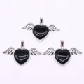 Black heart pendant with silver wings made of natural stone for DIY jewelry - 30x53mm / Black Agate