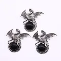 Three pieces of vintage silver dragon pendants featuring black stones for DIY necklaces - Black Agate