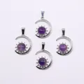Silver celestial sun and moon pendant set with polished amethyst center stones - Purple Crystal