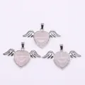 Three rose quartz heart pendants with silver angel wings and metallic finish - 30x53mm / Rose Quartz