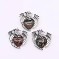 Three dragon heart pendants featuring silver plating and green-red unakite gemstones - Pendant Only (Without Chain) / Unakite Pattern Dragon Pendant