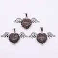 Silver angel wing necklace pendant with heart-shaped brown natural stone inlay - 30x53mm / Brown Flower Stone