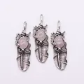 Zilveren veer hanger met ovale roze natuursteen voor het maken van DIY sieraden - 19x62mm / Rozenkwarts