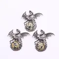 Three vintage silver dragon pendants with Dalmatian Jasper stones for DIY necklaces - Dalmatian Jasper
